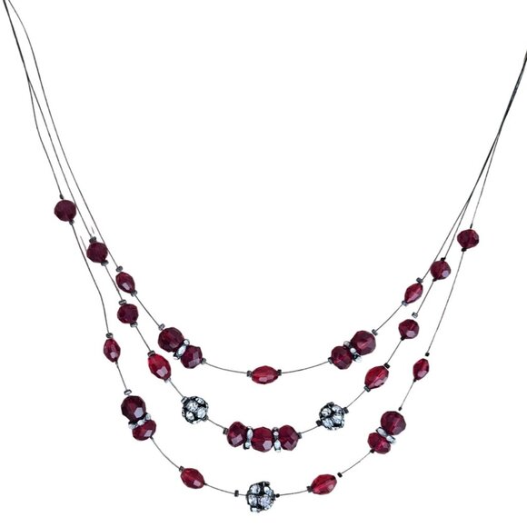 Elegant Red Beaded Rhinestone Balls Multi Strand Wire Statement Necklace Jewelry - Picture 1 of 4